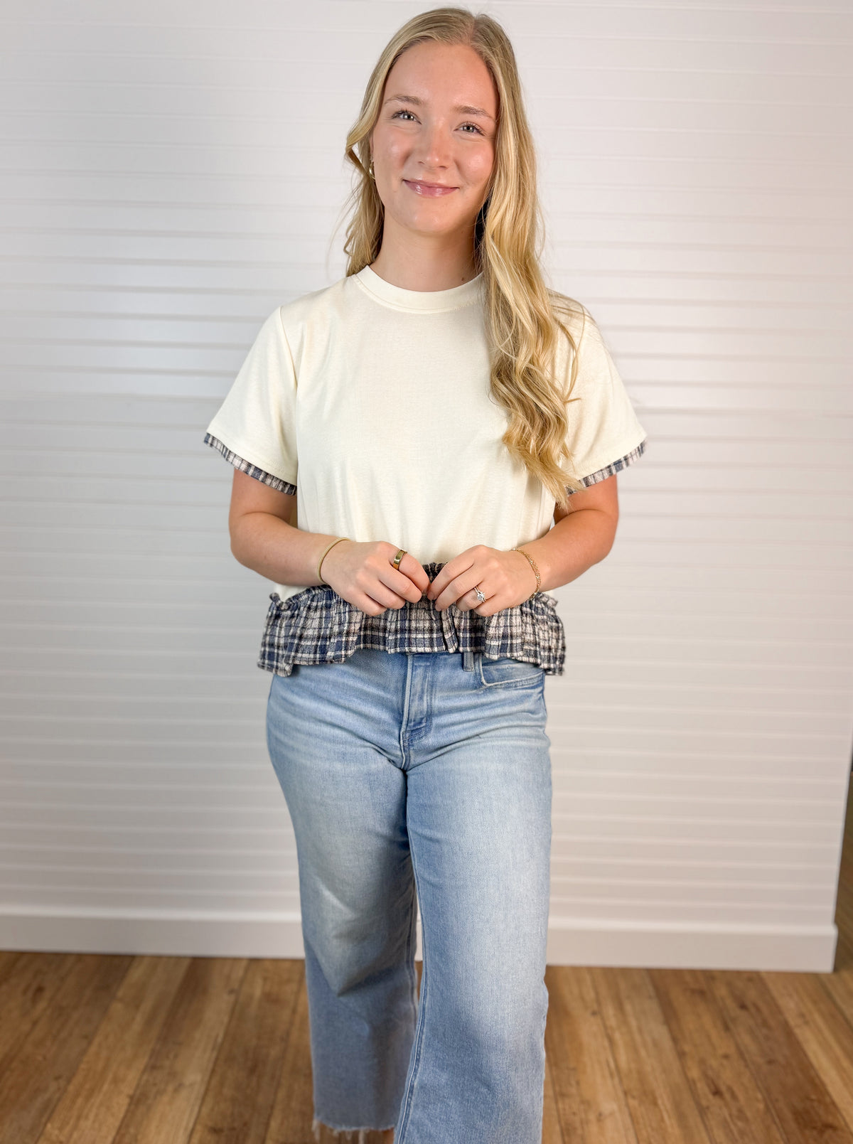 Short Sleeve Plaid Peplum Top - Cream