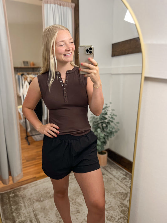 Ribbed Henley Tank Top - Espresso