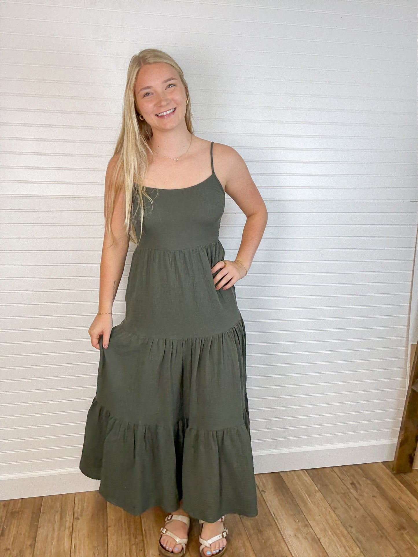 Cotton Tiered Midi Dress - Deep Olive