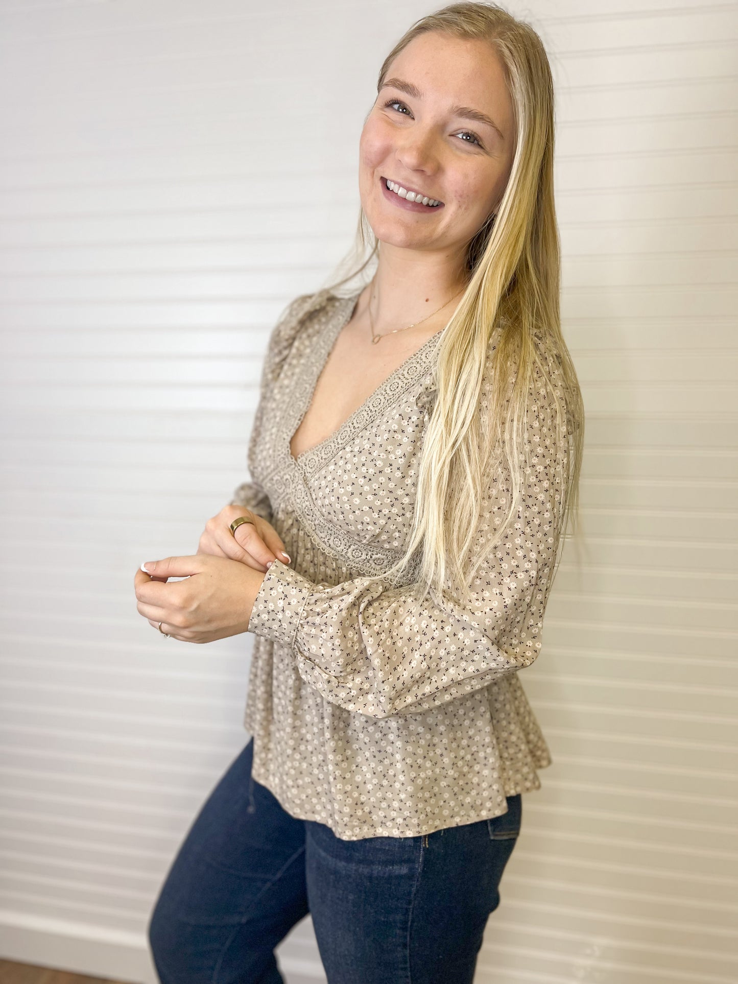 Ditsy Floral V-Neck Blouse - Taupe