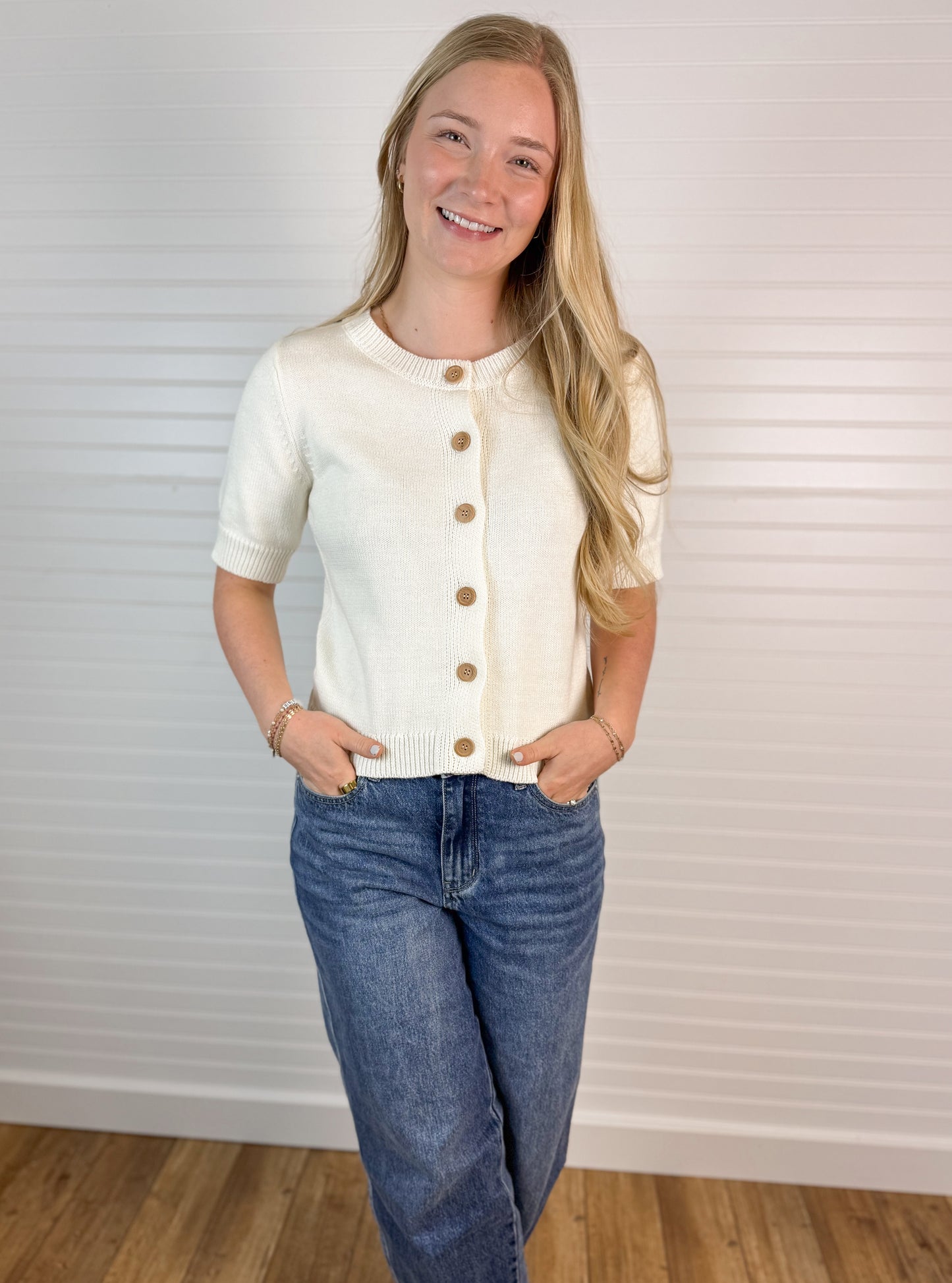 Button Down Short Sleeve Sweater - Ivory