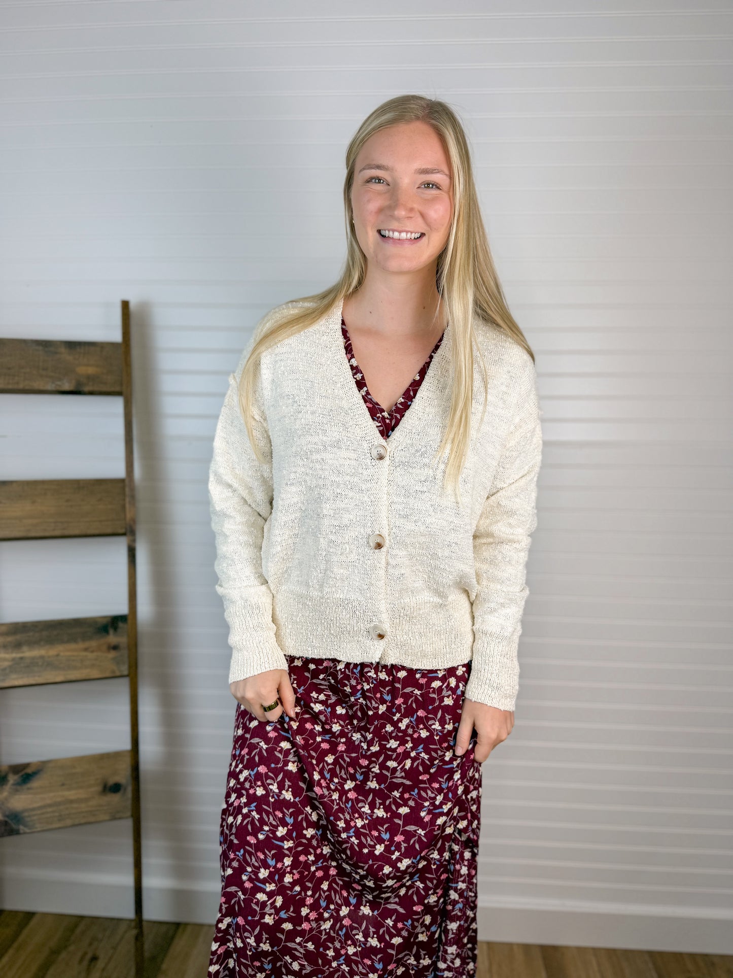 Button Front Drop Shoulder Cardigan - Cream