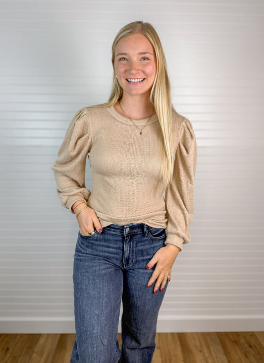 Smocked 3/4 Sleeve Long Sleeve - Sand