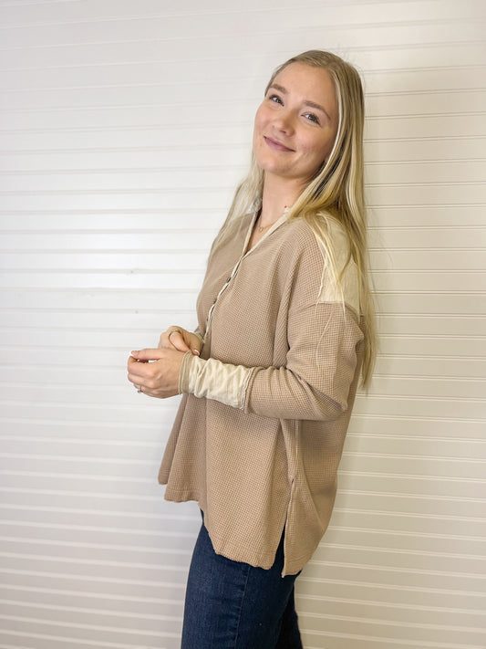 Garment Washed Thermal Henley - Taupe