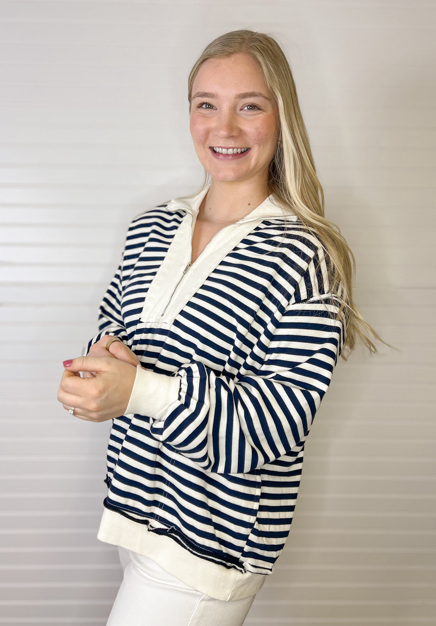 Quarter Zip Striped Pullover - Navy