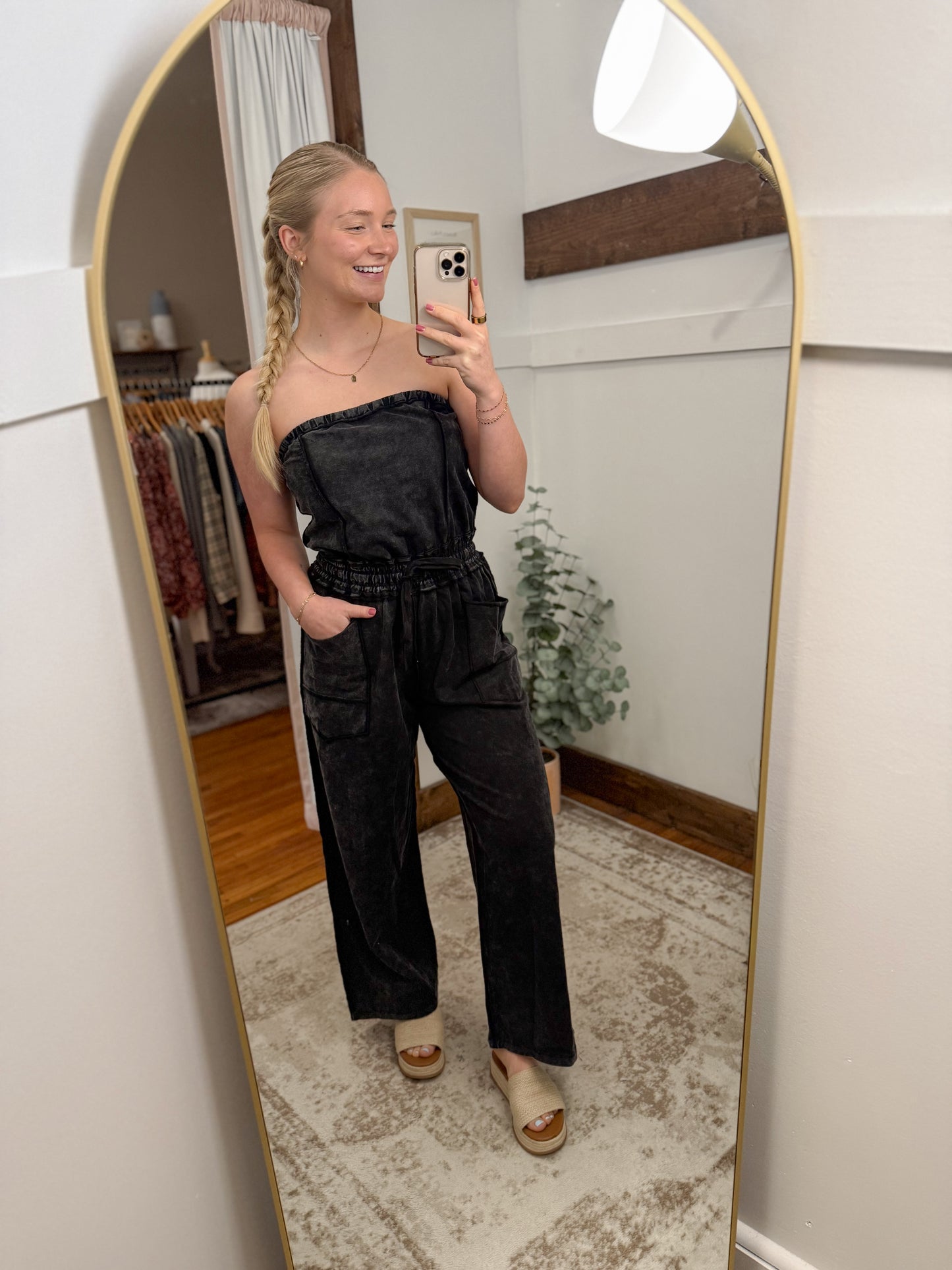 Mineral Washed Strapless Jumpsuit - Ash Black