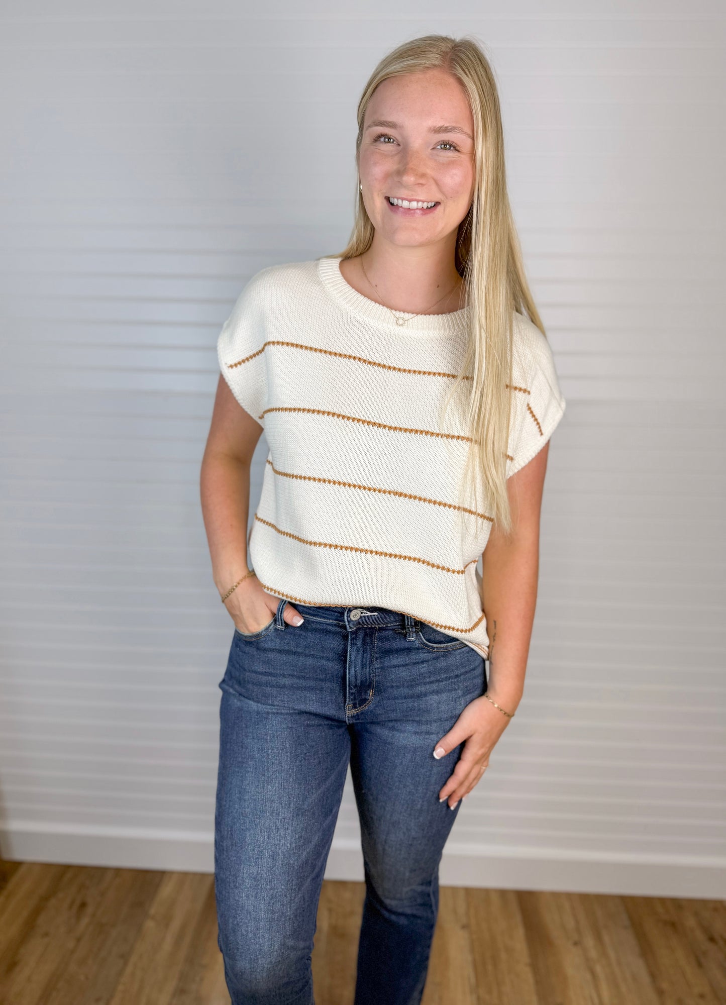 Stitch Detail Sweater Top - Ivory/Camel