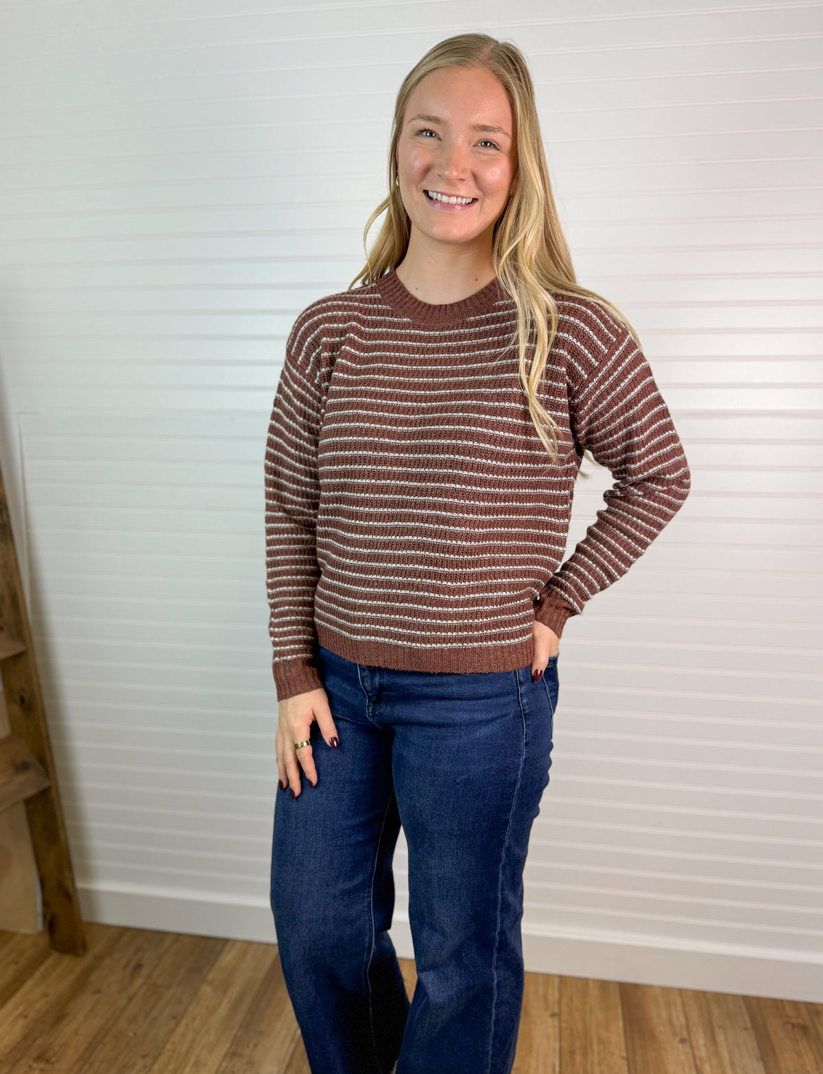 Striped Waffle Knit Sweater - Chestnut