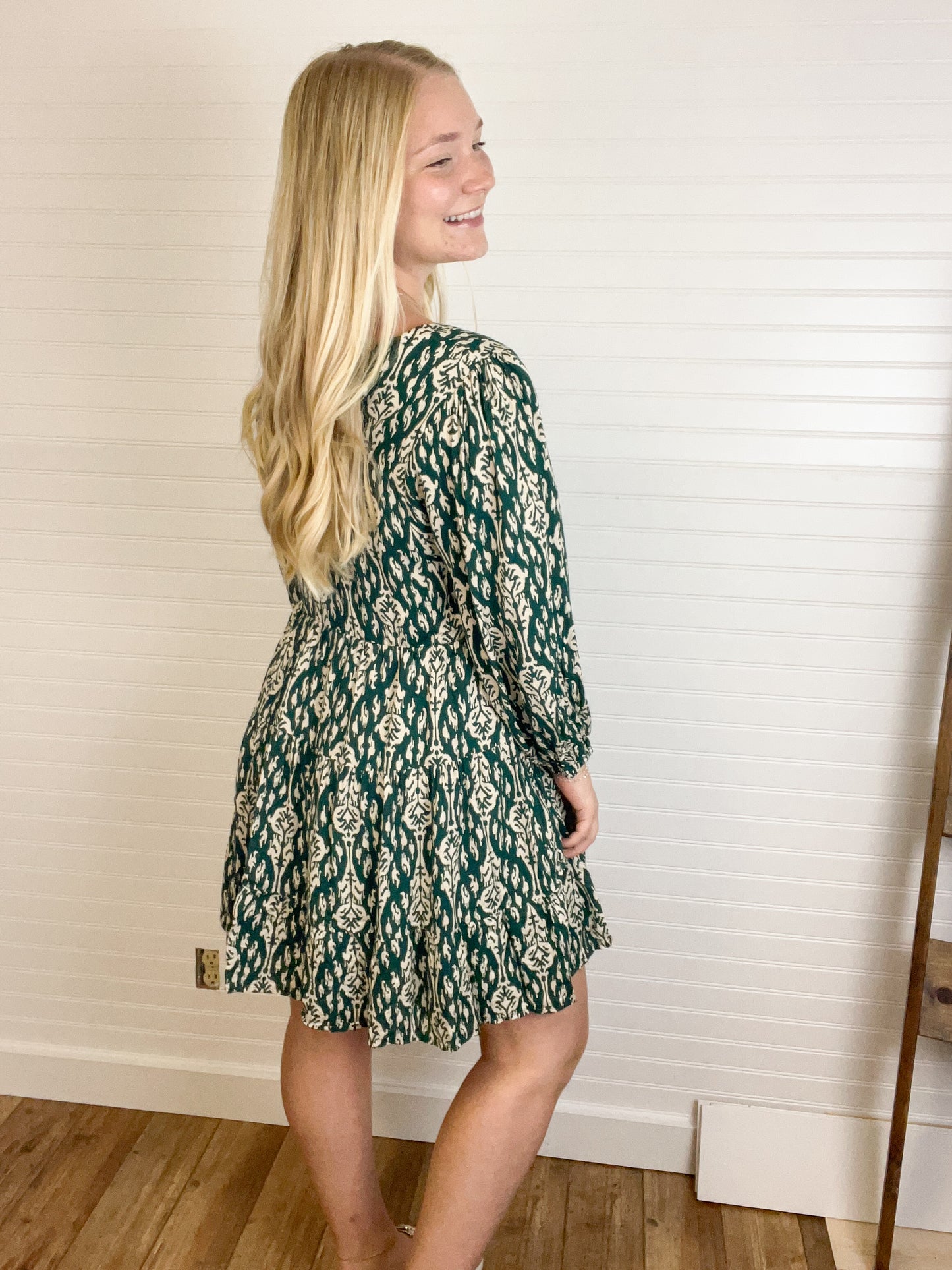 Tie Front 3/4 Sleeve Mini Dress - Green/Shell