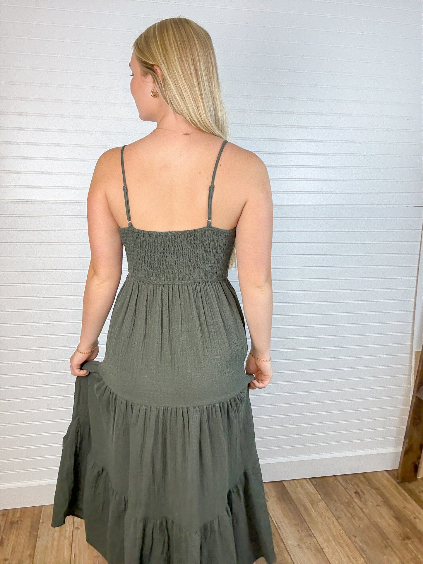 Cotton Tiered Midi Dress - Deep Olive