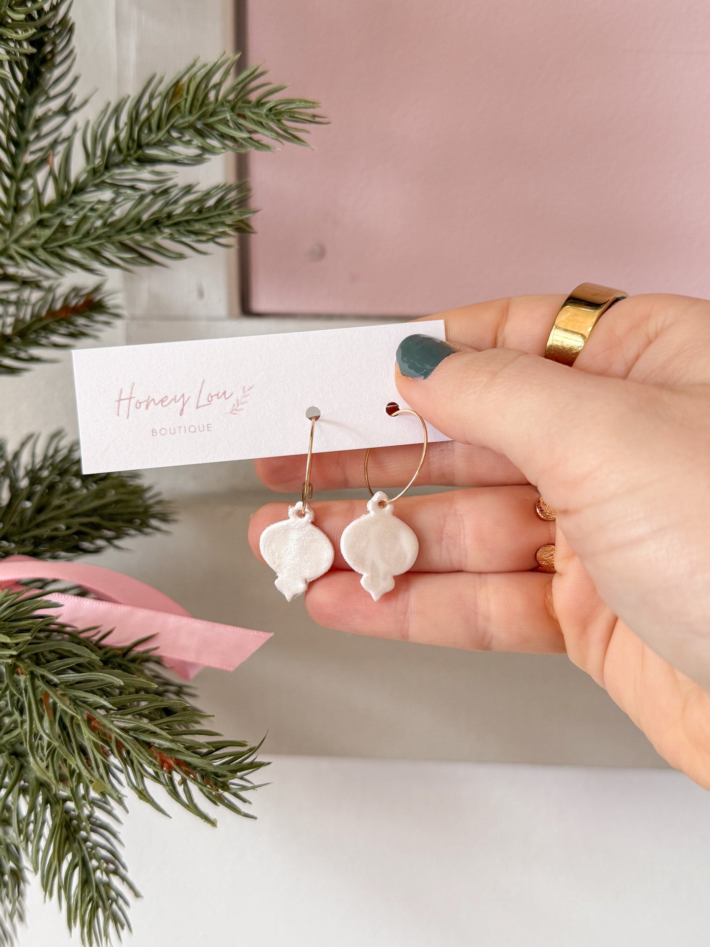 Ornament Hoop Clay Earrings - Shimmer White