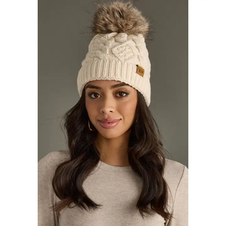 Cable Knit Pom Hat - Beige