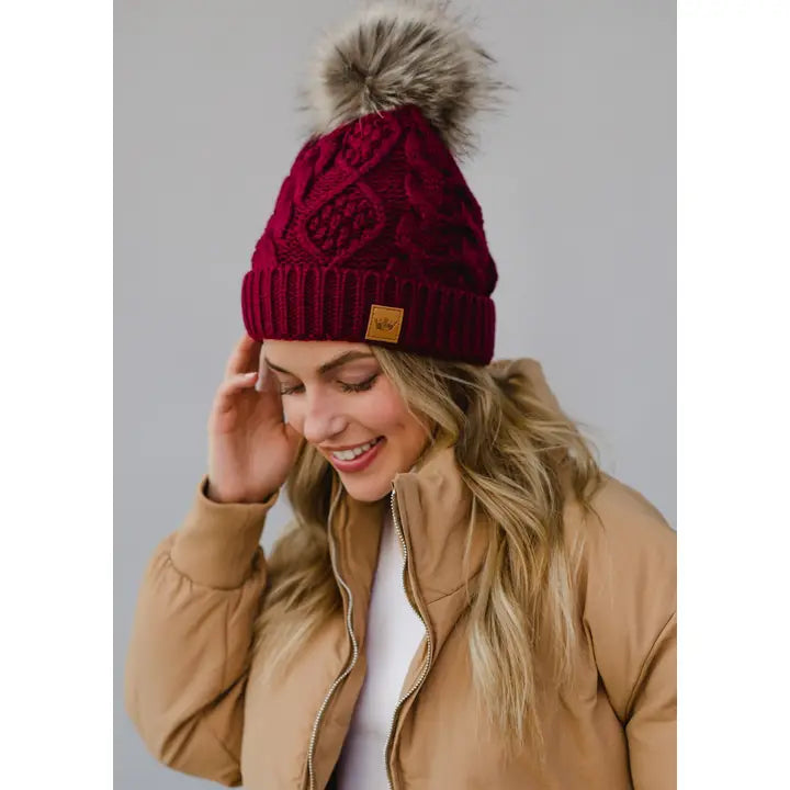 Cable Knit Pom Hat - Burgundy