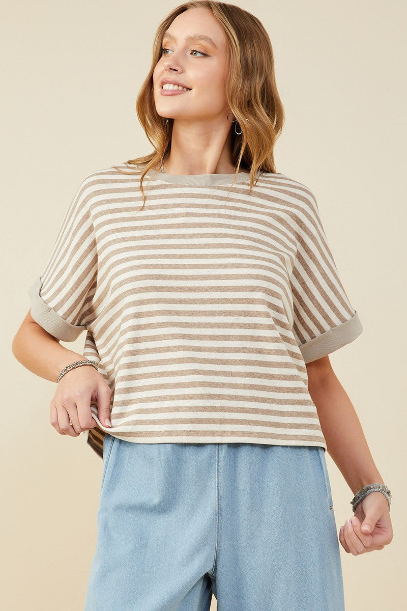 PLUS Ribbed Stripe Knit Top - Taupe