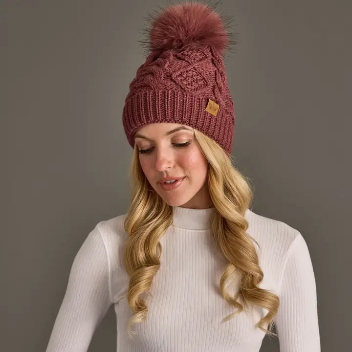 Cable Knit Pom Beanie - Dark Pink