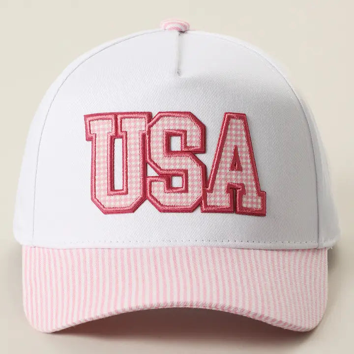 USA Gingham Embroidered Hat - Pink