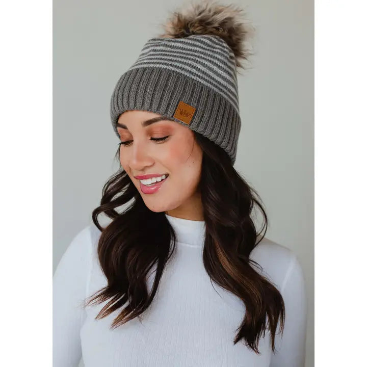 Knit Striped Pom Hat - Grey