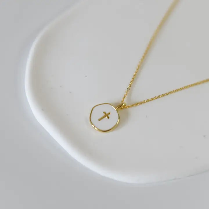 Dainty Cross Necklace - 18k Gold Plated/White