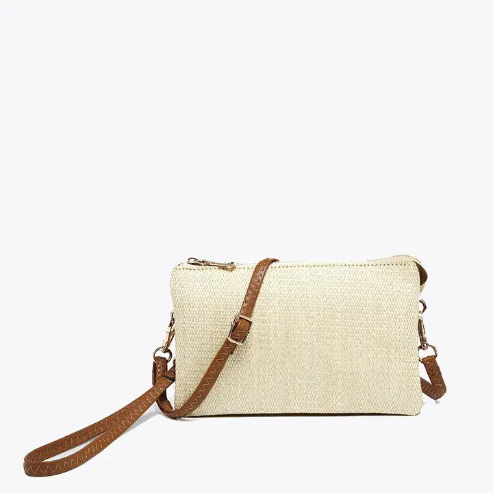 Straw 3 Compartment Crossbody/Wristlet - White/Brown