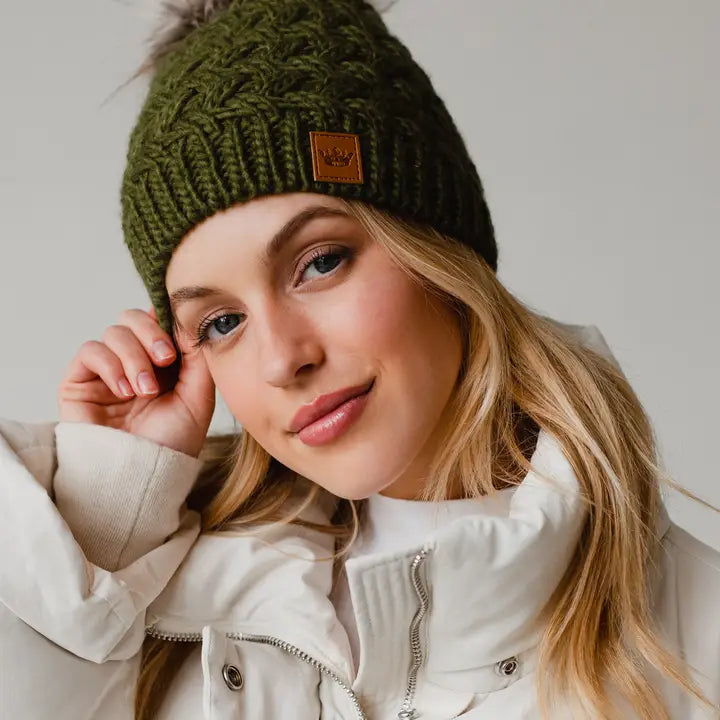 Textured Knit Pom Hat - Olive
