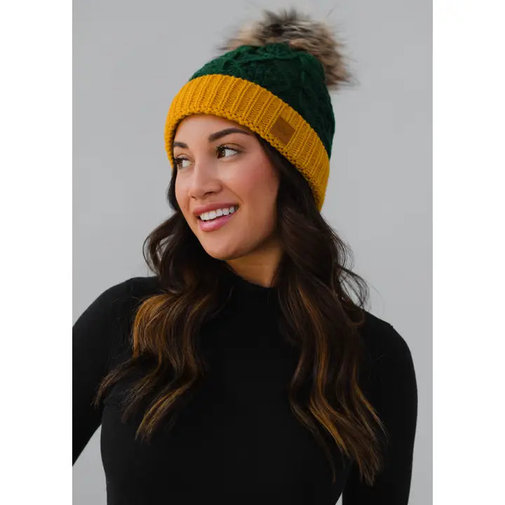 Green & Gold Cable Knit Beanie