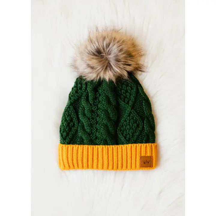Green & Gold Cable Knit Beanie