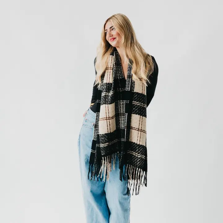 Plaid Fringe Scarf - Black/Camel