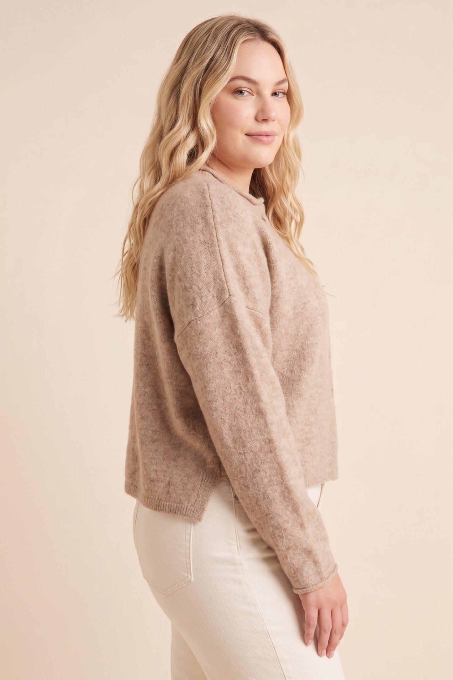 PLUS Rolled Neck Sweater Cardigan - Taupe