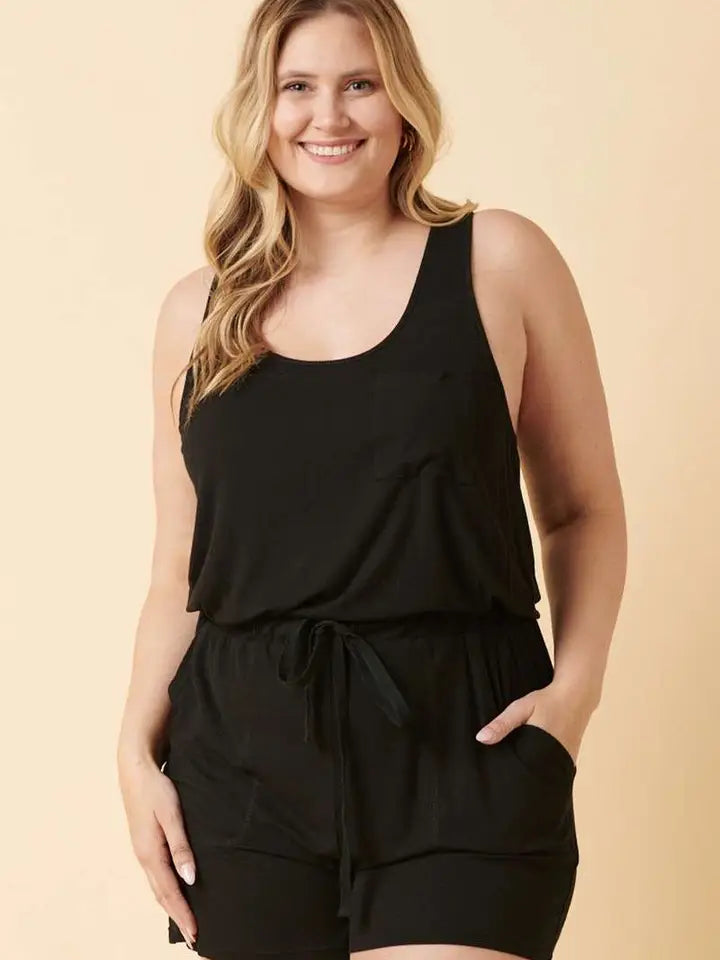 PLUS Rib Scoop Neck Romper - Black