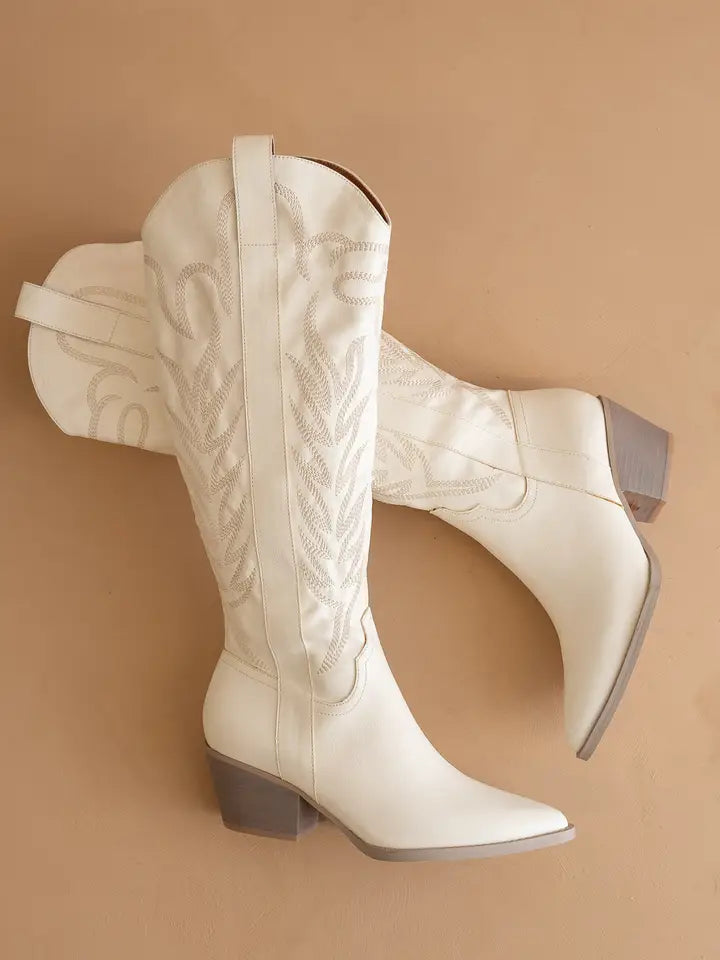 Savannah Embroidered Western Boots - White