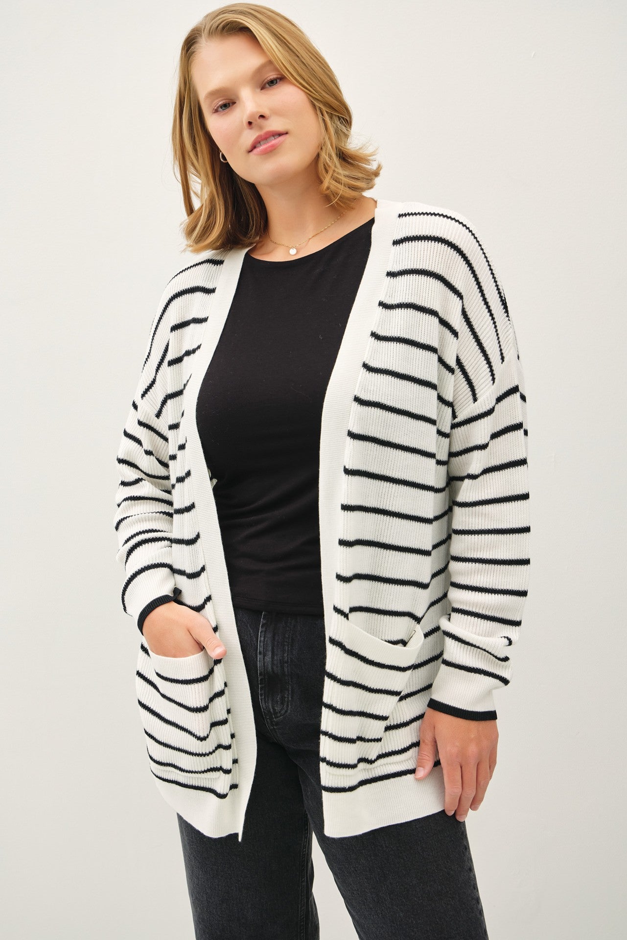 PLUS Striped Drop Shoulder Cardigan - Black/Ivory
