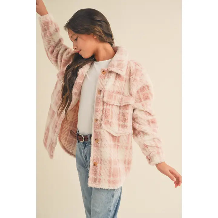 Tween Plaid Shacket - Blush