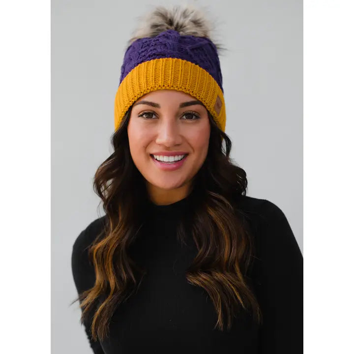 Purple & Gold Cable Knit Beanie
