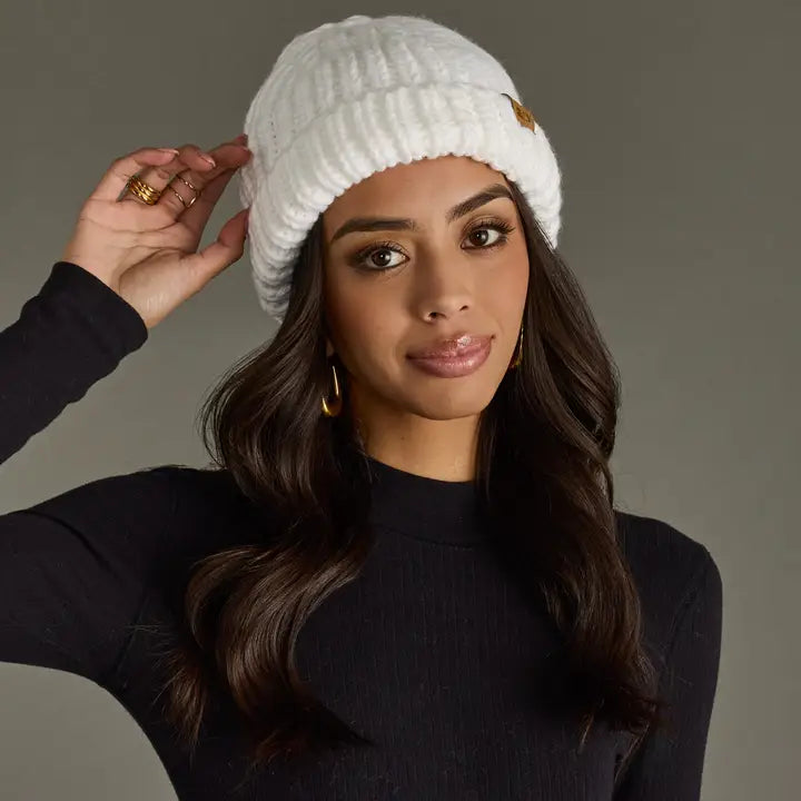 Chunky Cuffed Knit Hat - White