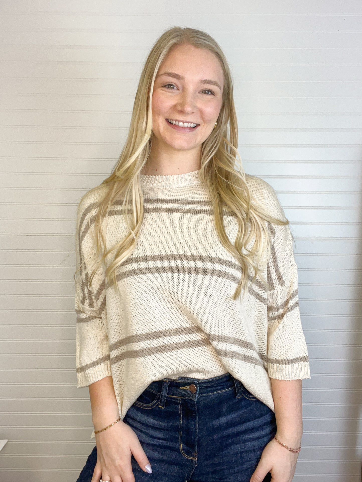 Drop Shoulder Striped Sweater - Natural