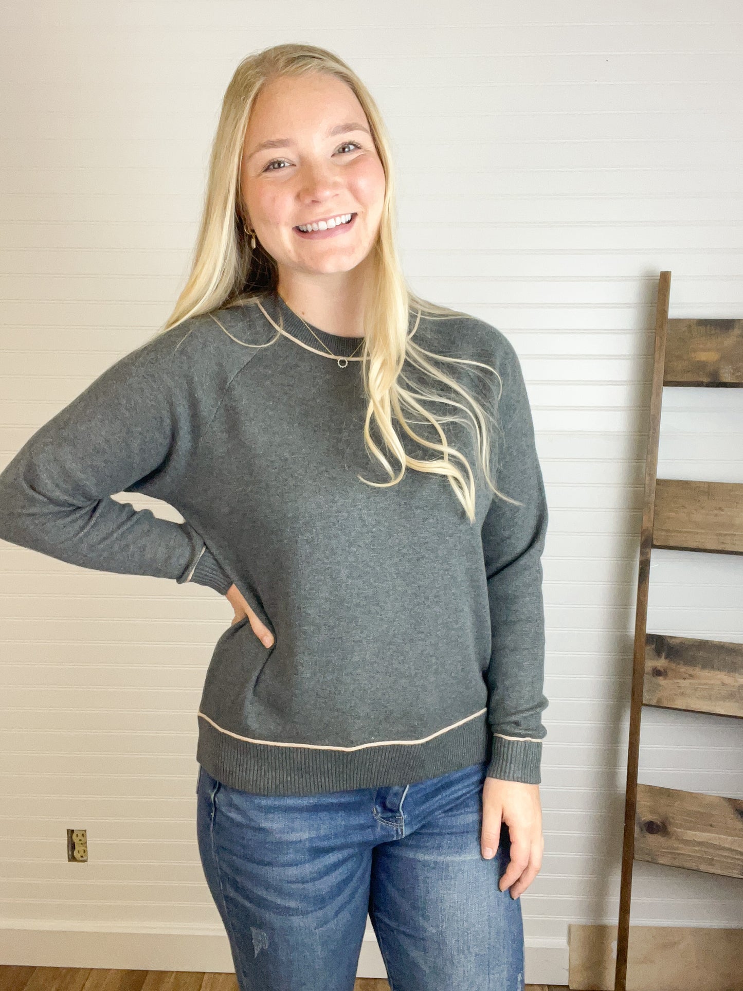 Contrast Detail Sweater - Charcoal/Taupe