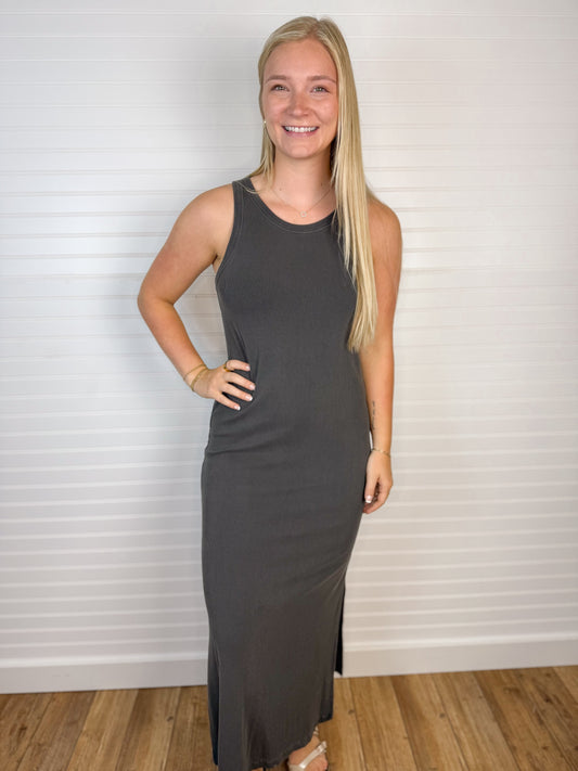 Ribbed Side Slit Tank Dress - Charcoal