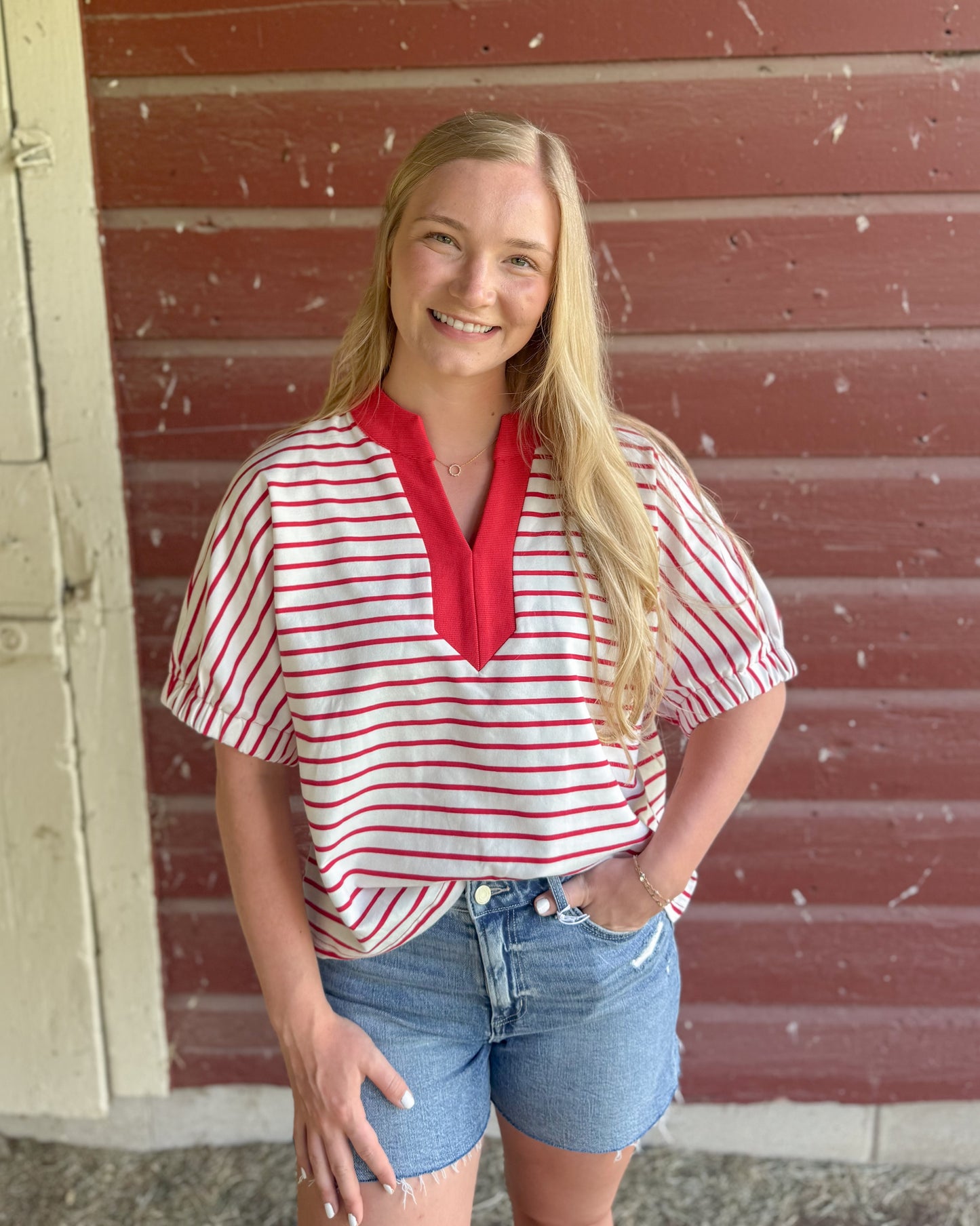 Striped Dolman Knit Top - Red/White