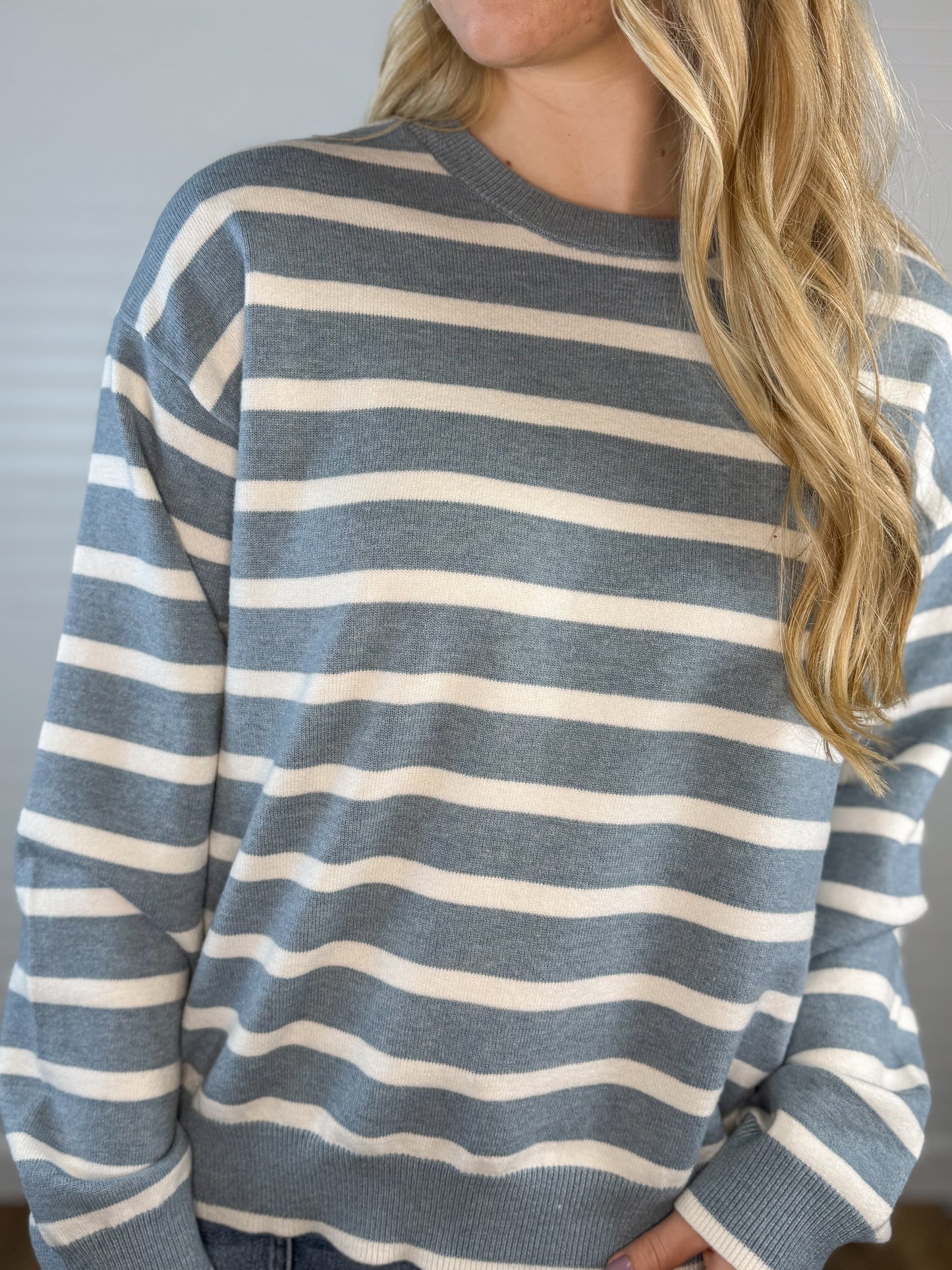 Drop Shoulder Striped Sweater - Dusty Blue