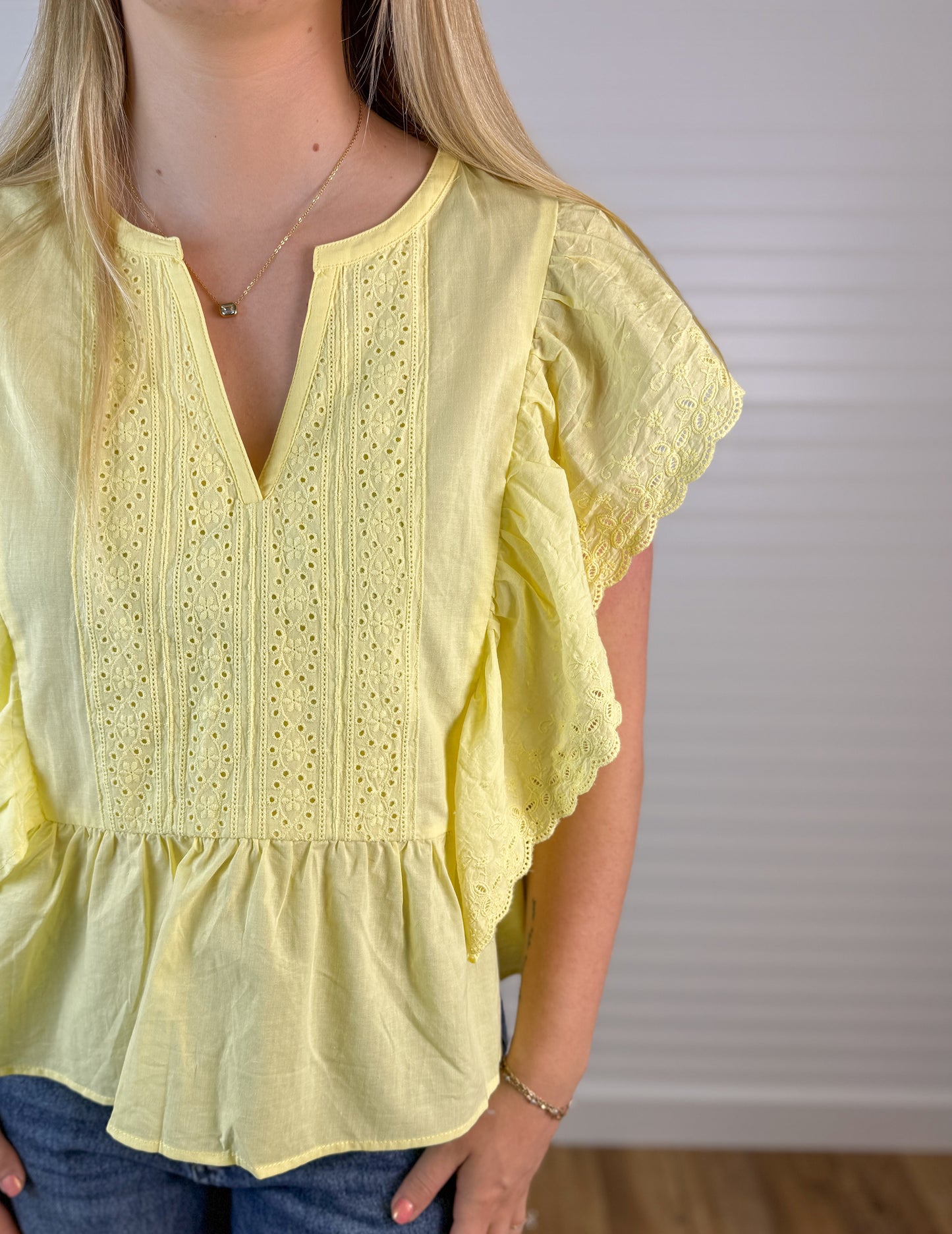 Delicate Eyelet Ruffle Cotton Blouse - Lemon