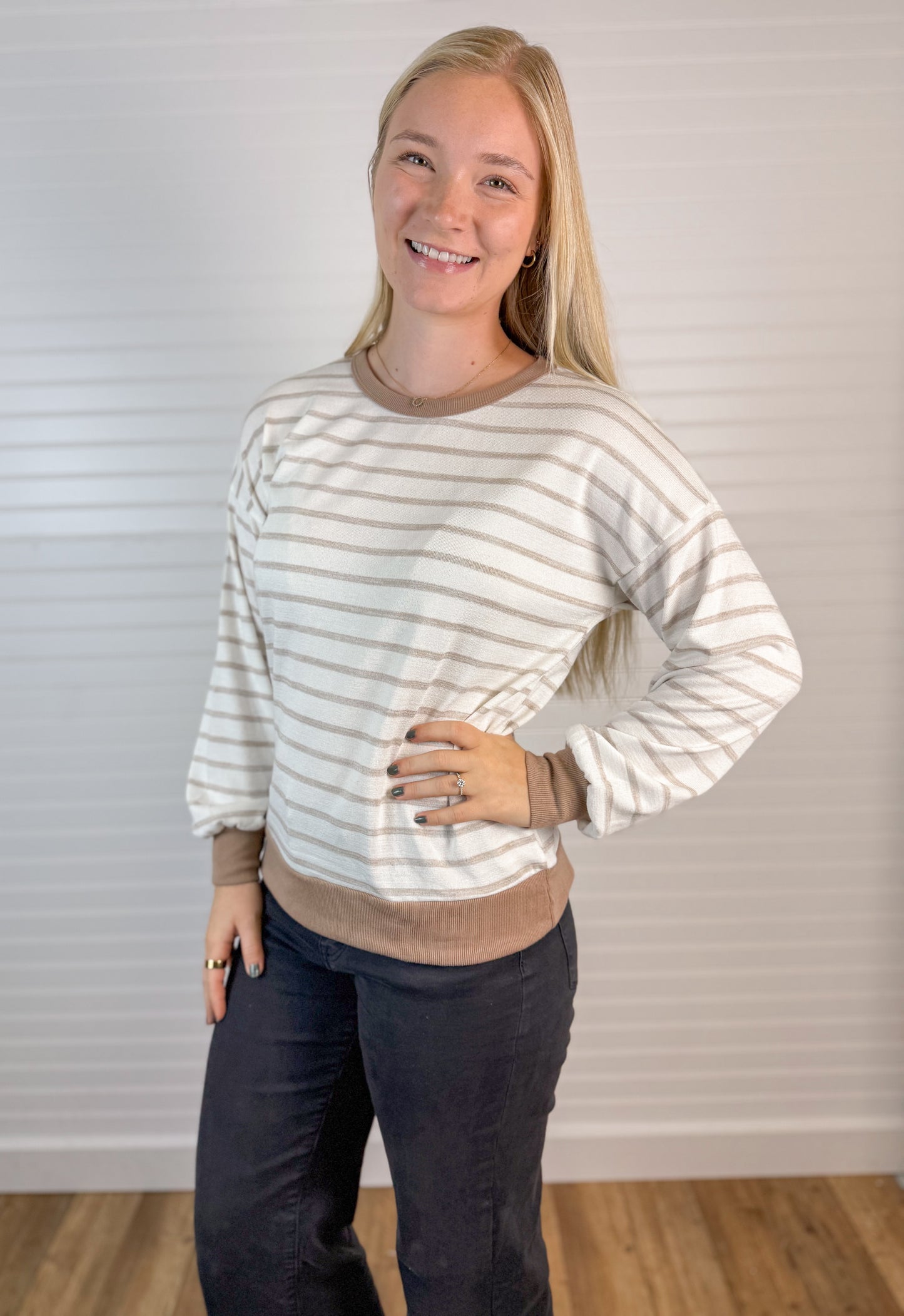 Striped Knit Long Sleeve Top - Mocha/Ivory