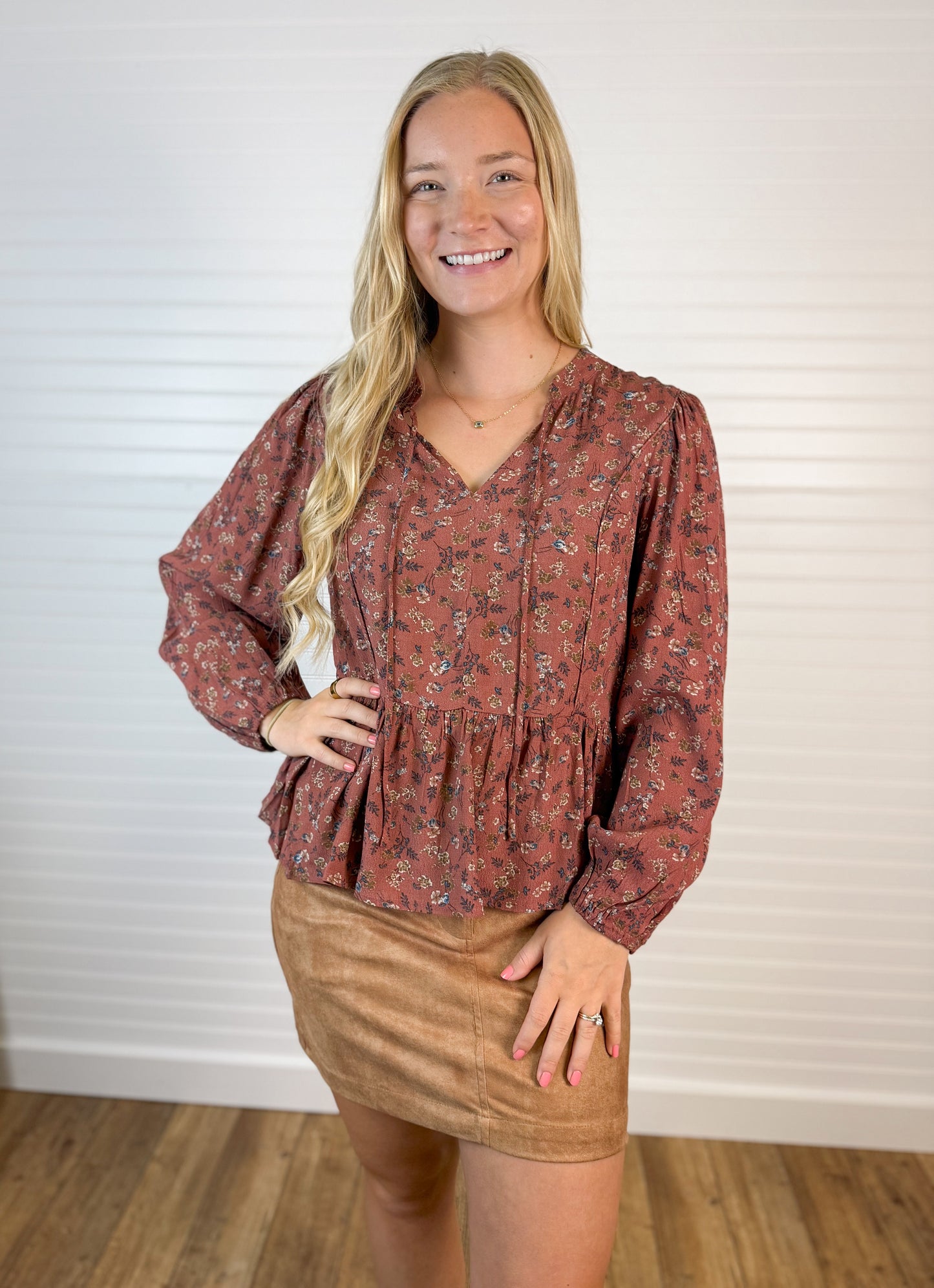 Floral Print V-Neck Blouse Top - Terracotta