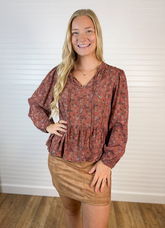 Floral Print V-Neck Blouse Top - Terracotta