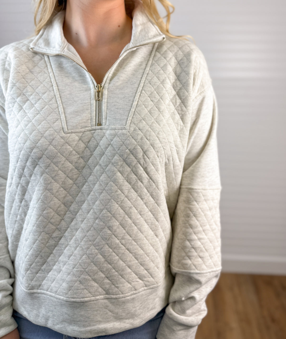 Quilted Half Zip French Terry Pullover - Heather Gray