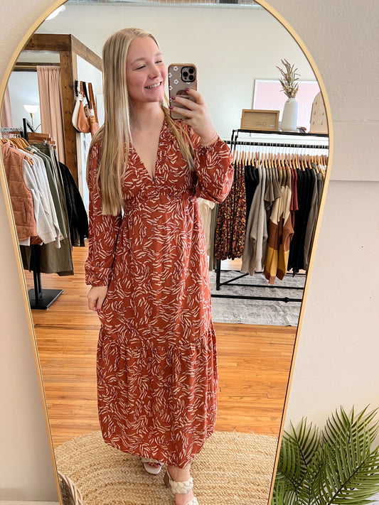 Long Sleeve Abstract Dress - Rust/Taupe