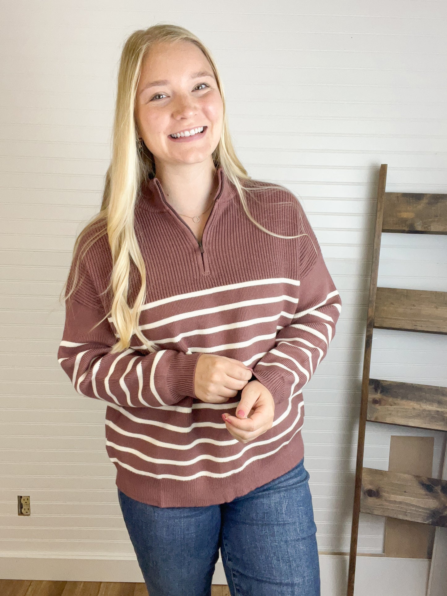 Half Zip Striped Pullover - Red Bean/Cream