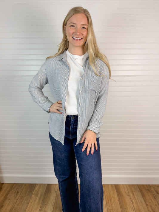 Linen Blend Stripe Relaxed Top - Denim