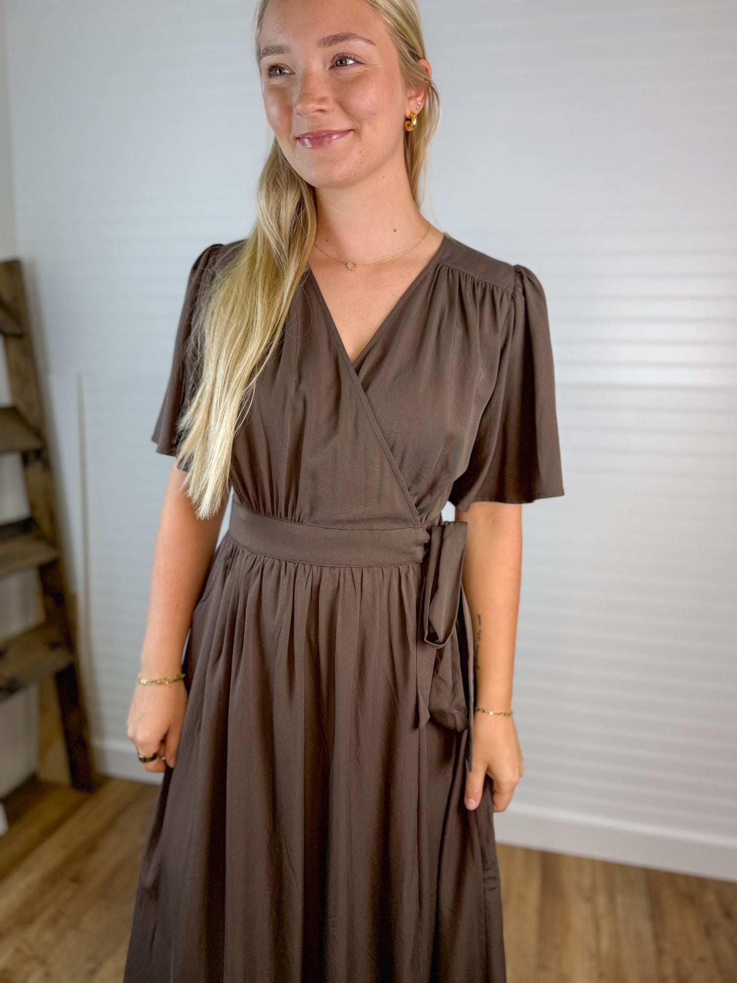 Flutter Sleeve Wrap Midi Dress - Espresso