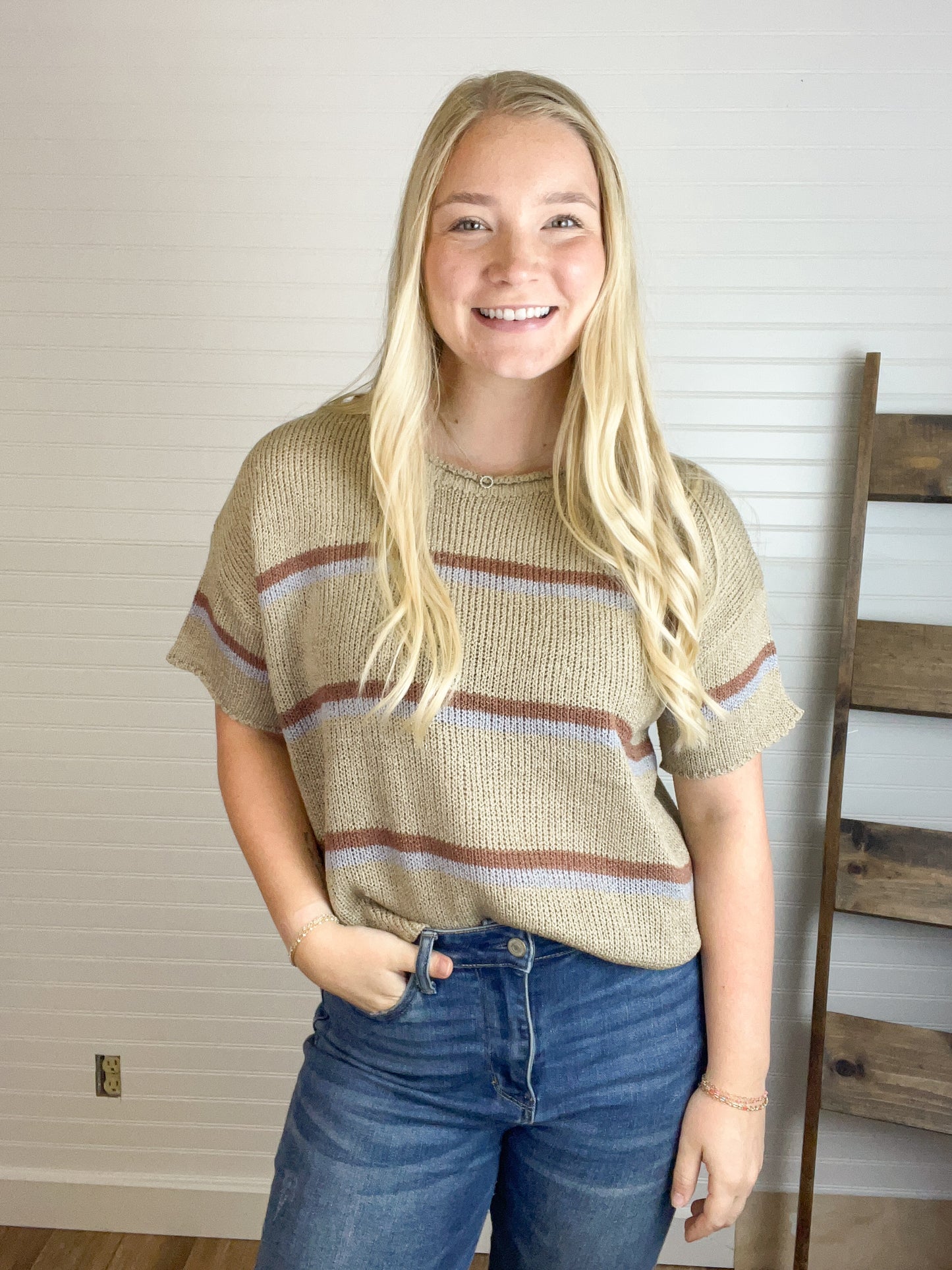 Striped Short Sleeve Sweater - Mocha