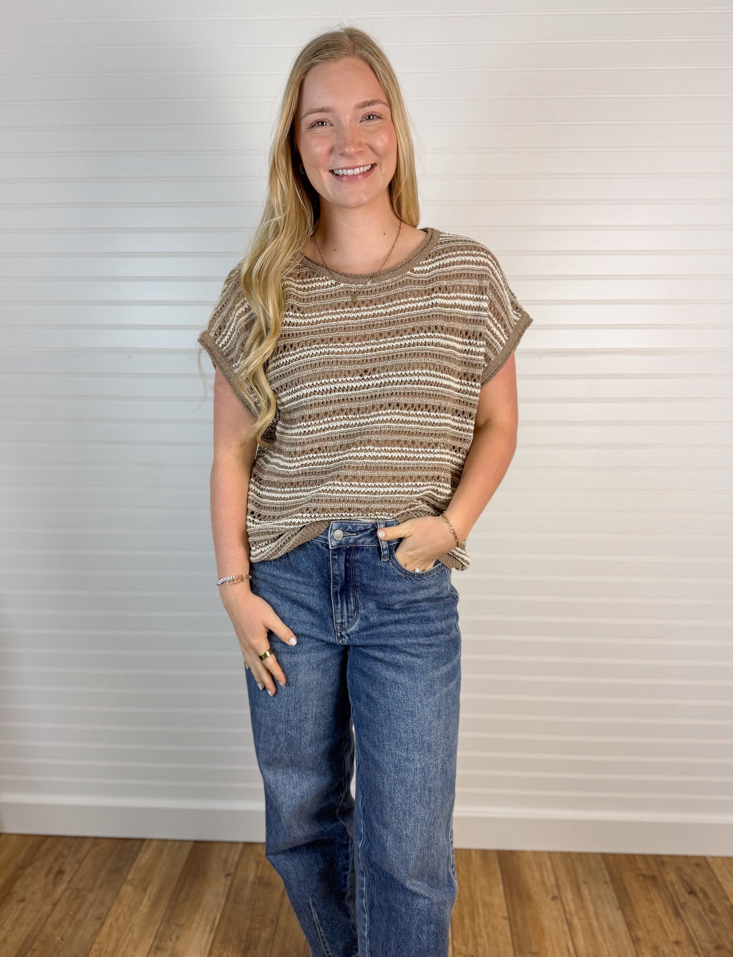 Striped Crochet Short Sleeve Sweater Top - Mocha